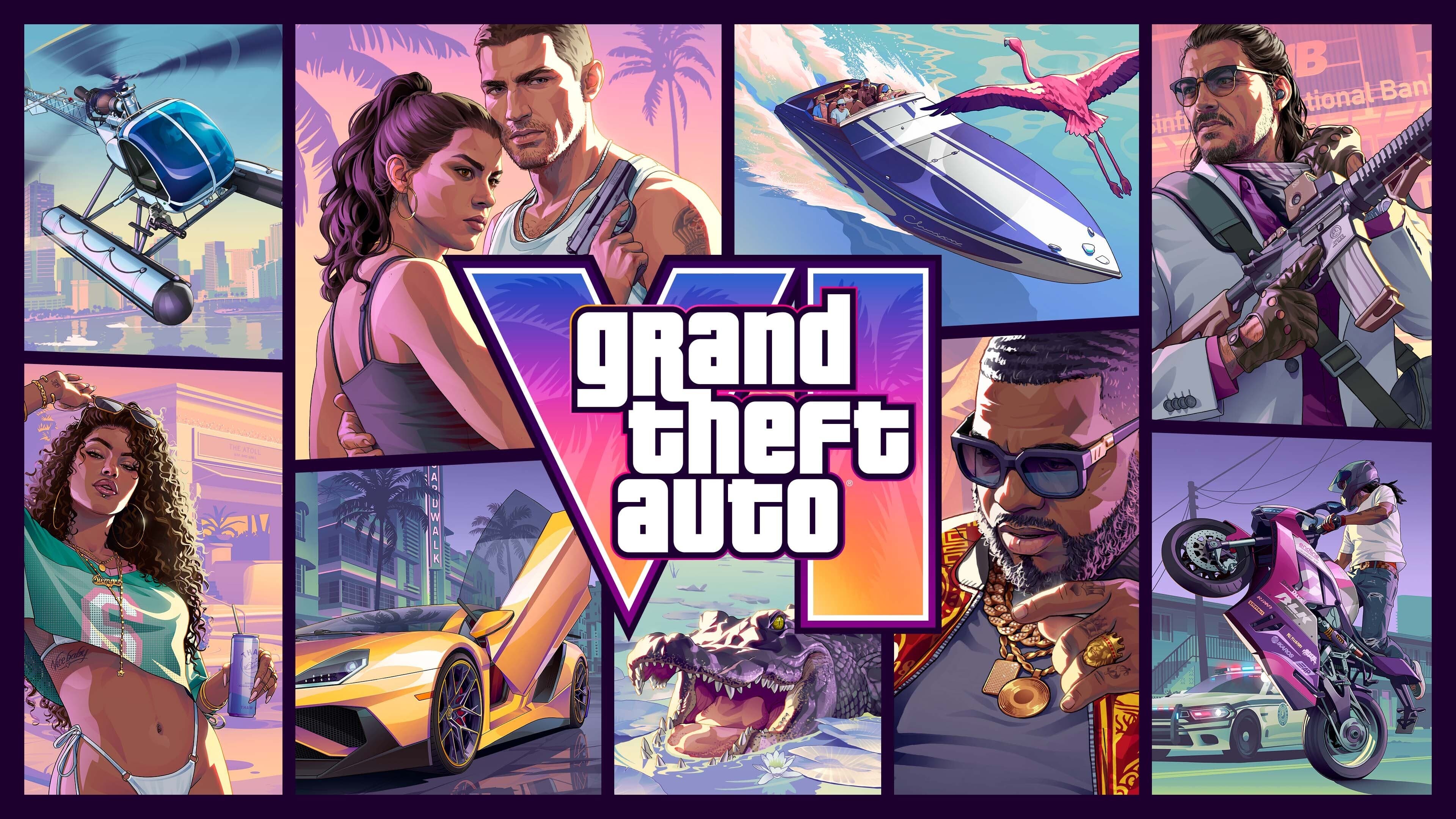 Official Grand Theft Auto VI cover montage featuring Lucia, Jason and characters and locations across Leonida.