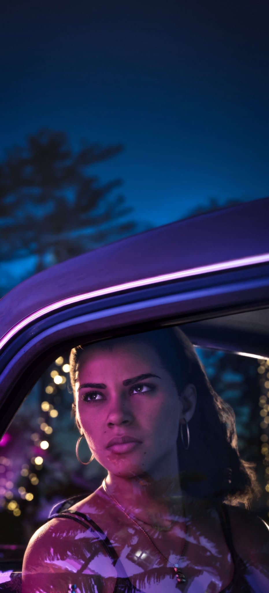 Vertical GTA VI mobile wallpaper featuring a close portrait of Lucia Caminos inside a car under pink and blue Vice City neon lighting.